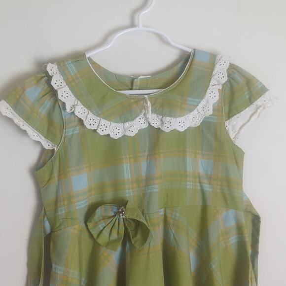 1970s Nostalgic Plaid Eyelet Lace Girls Dress Size 10 - Picture 2 of 12